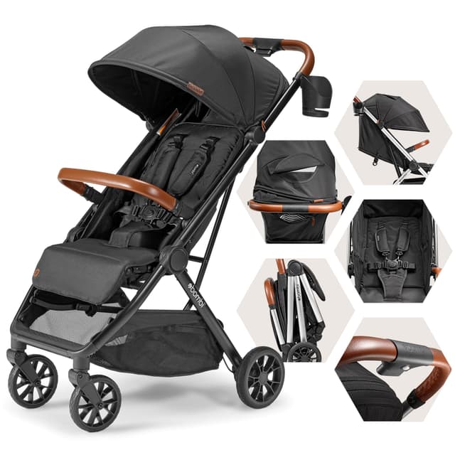 Bombi Bēbee V2 Lightweight Baby Stroller - Premium Vegan Leather, One-Hand Fold, Infinite Recline, Aircraft-Grade Aluminum Frame, XXL Canopy, and Ample Storage Umbrella Stroller - Hickory