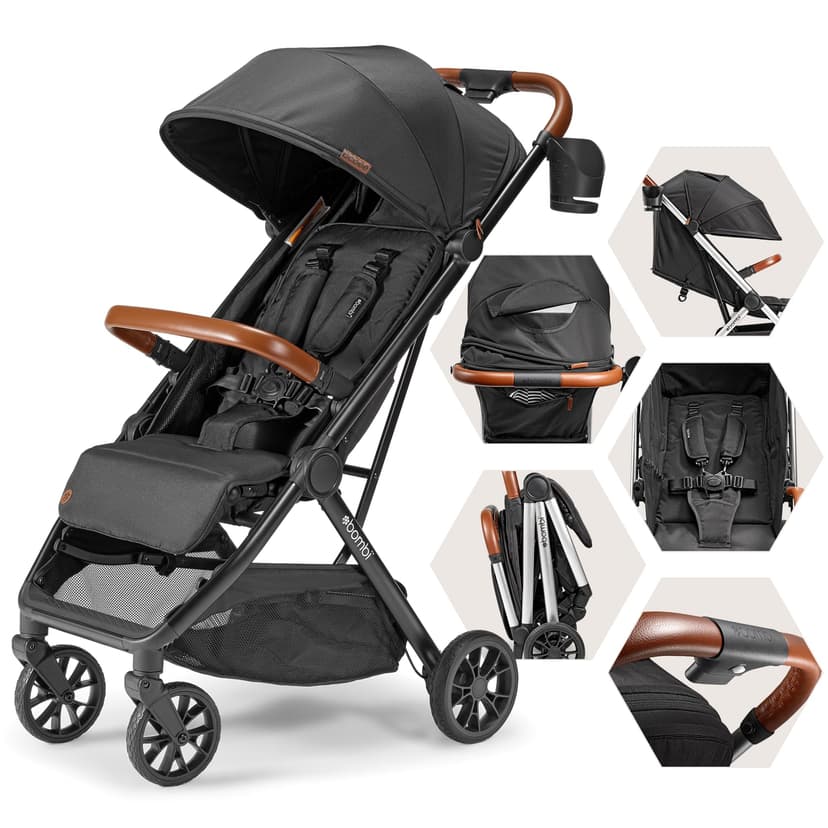 Bombi Bēbee V2 Lightweight Baby Stroller - Premium Vegan Leather, One-Hand Fold, Infinite Recline, Aircraft-Grade Aluminum Frame, XXL Canopy, and Ample Storage Umbrella Stroller - Hickory