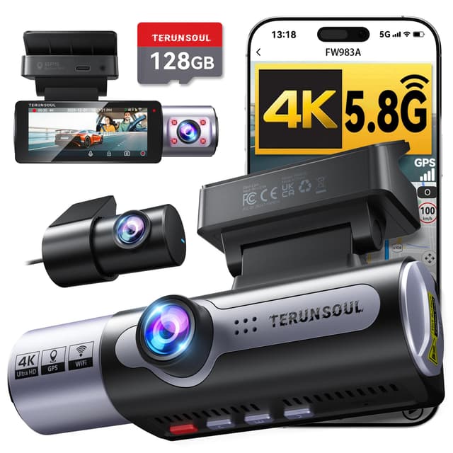 TERUNSOUl 4K+1080P+1080P Dash Cam Front and Rear, 3 Channel Dashcam, Free 128GB Memory Card, Built-in 5.8GHz WiFi Built-in GPS, Collision Sensor, Night Vision, 3.16" IPS, 24H Parking Mode（Black）
