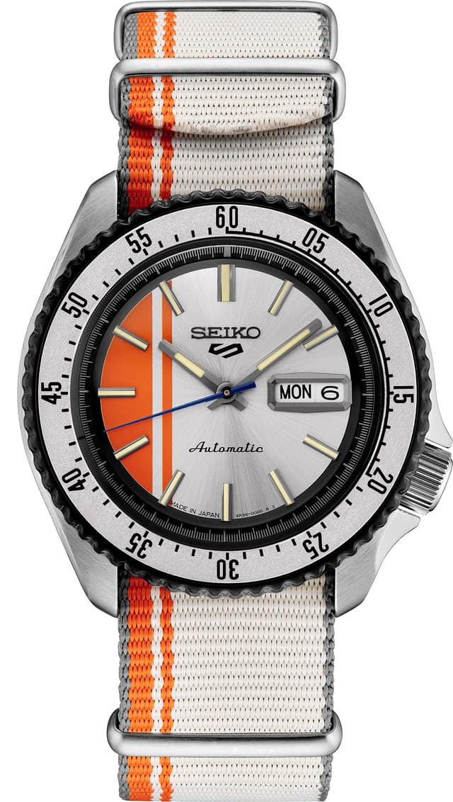 SEIKO SRPK73 Automatic Watch for Men - 5 Sports - Silver & Orange Striped Dial - with Day/Date Calendar Wheel, Luminous Hands & Markers, Rotating Bezel, 100M Water-Resistant