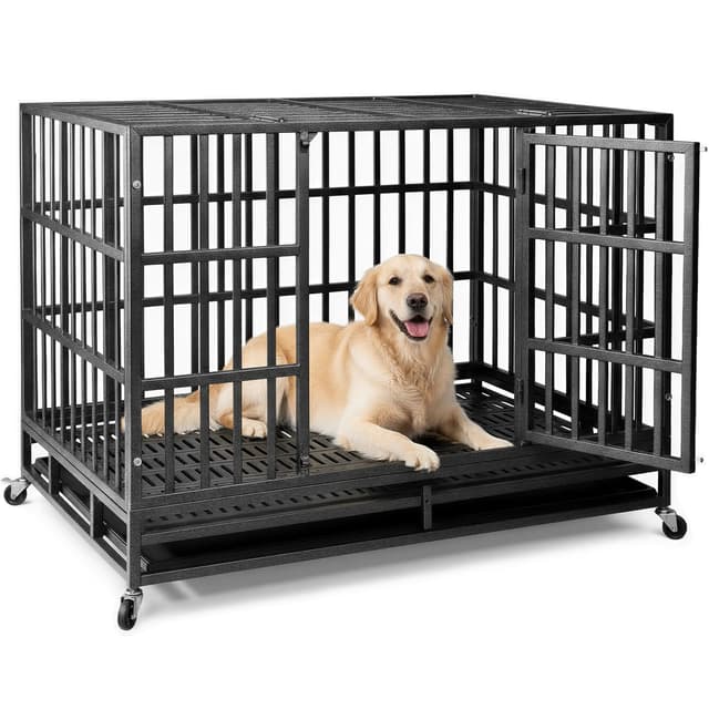 NUGRIART 48 Inch Heavy Duty Indestructible Dog Crate, XL Steel Escape-Proof Kennel for Large Dogs, Double Door Design with 4 Locking Wheels & Reinforced Baseplate, Ideal for High-Anxiety Dogs