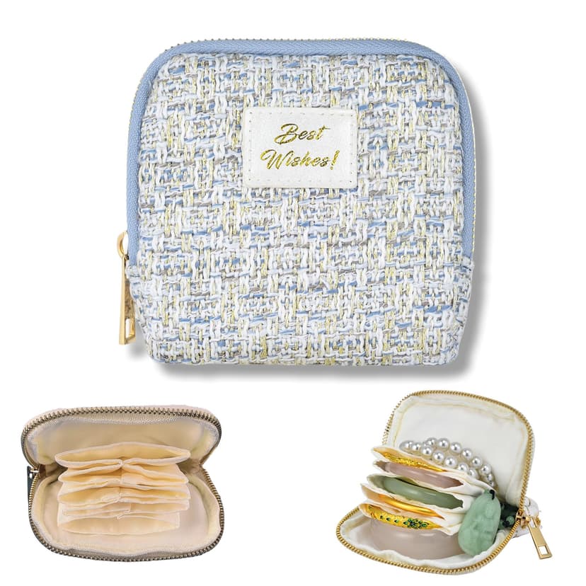 Small Travel Jewelry Case, Soft Velvet Organizer Pouch for Bangles, Bracelets, large Earrings, Beaded necklaces, Anti-Scratch & Portable Jewelry Bag Holder for Daily Use & Gift (Icy Blue Tweed)