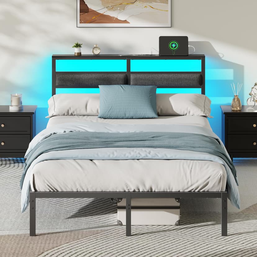OURPIC Full Size Bed Frame with Headboard, Bed Frame Full Size with LED Light and Charging Station, Black Metal Platform Bedframe and Storage Shelf, No Box Spring Needed, Noise Free