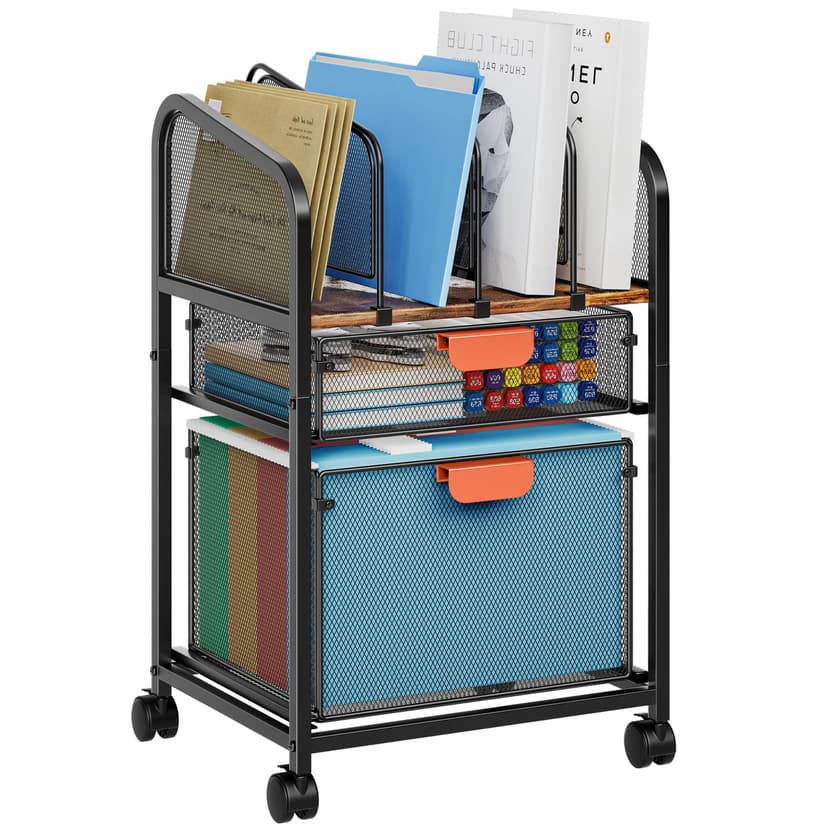 Marbrasse Rolling File Cart with Adjustable Dividers, Mobile File Cabinet on Lockable Wheels, Office Filing Cabinet Organizer, Hanging File Folder Organizer for Home Office - Dark Brown