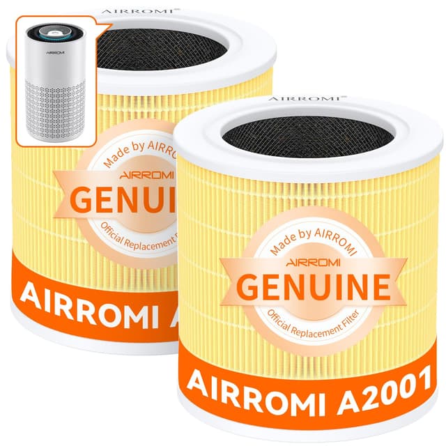 AIRROMI A2001 HEPA Air Purifier Replacement Filter: Original 3-in-1 Filter, Removes 99.97% of 0.3 Micron Particles, Yellow Activated Carbon Filter - Pets & Allergen Specific 2 Pack