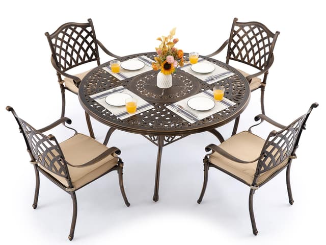 Attliasalon 5 Piece Outdoor Dining Set Cast Aluminum, Retro Patio Dining Furniture Set for 4 Includes 54’’ Round Table 4 Chairs with Thicker Cushion and Umbrella Hole for Patio Deck Garden