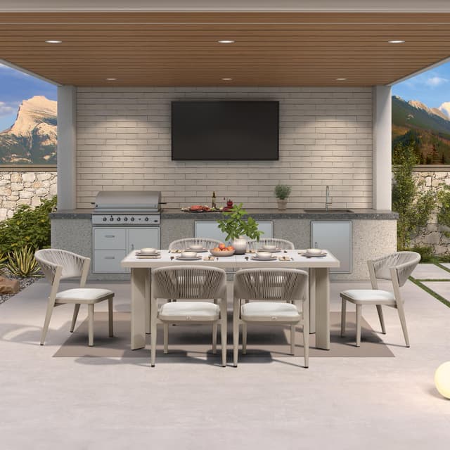 PURPLE LEAF 7-Piece Patio Dining Set Outdoor Furniture Rectangular Table and Chairs Set with Aluminum Frame and Wicker Rattan for Garden Deck Backyard Kitchen Champagne Outdoor Set