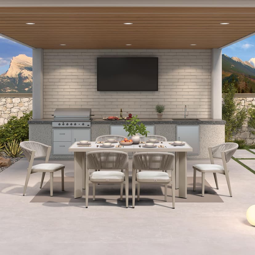 PURPLE LEAF 7-Piece Patio Dining Set Outdoor Furniture Rectangular Table and Chairs Set with Aluminum Frame and Wicker Rattan for Garden Deck Backyard Kitchen Champagne Outdoor Set