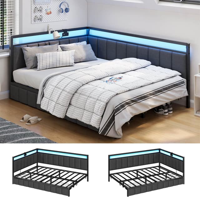 Hasuit Corner Bed Frame with Storage Drawers, Full Daybed with Line Fabric Upholstered Fence, Kids Bed Unit with LED Light and Charging Station, Modern Bed Frame Full Size, Gray