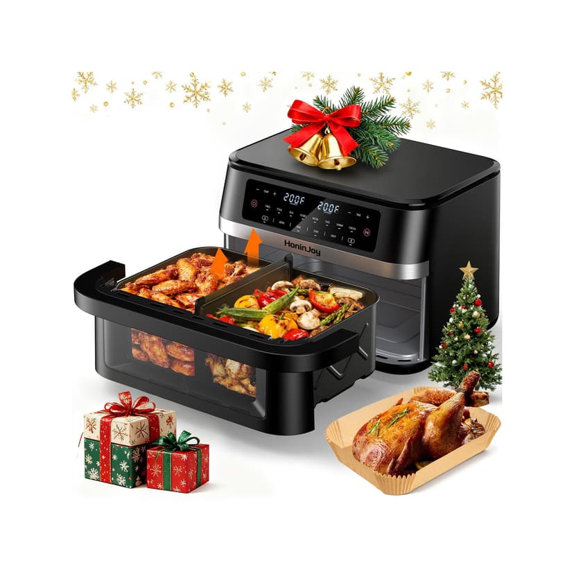 HoninJoy 12QT Large Dual Basket Air Fryer with Flex Basket, Viewing Window and 50PCS Paper Liners, 12-in-1 Family Size with Sync & Dual & Light, Double Zone for Bake, Roast, Reheat, Dishwasher Safe