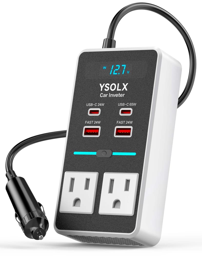 YSOLX 300W 12V to 110V Car Power Inverter, with Dual USB-A 24W and USB-C 65W, Dual AC Car Plug Adapter Outlet and Equipped with a Display Screen.Suitable for car Trips, Camping,Charging laptops