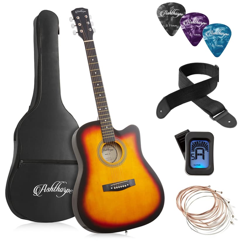 Ashthorpe 41-inch Beginner Cutaway Acoustic Guitar Package (Sunburst), Full Size Basic Starter Kit w/Gig Bag, Strings, Strap, Tuner, Picks