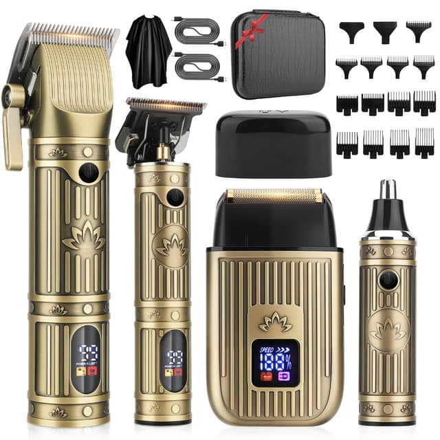 Bomxin Hair Clippers for Men Professional, T-Blade Barber Clippers and Trimmer Set, 4 in 1 Mens Cordless Hair Clipper for Barber Kit, Foil Thaver and Nose Trimmer for Men with LED Display Gifts