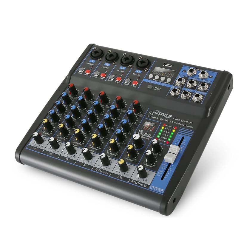 Pyle Professional 6 Channel Audio Mixer with Bluetooth - DJ Sound Board - USB Computer Input - Built-in MP3 Player - 48V Phantom Power - 3 Band EQ - 16-Bit DSP FX - Band, Studio Ready - PMXU63BT