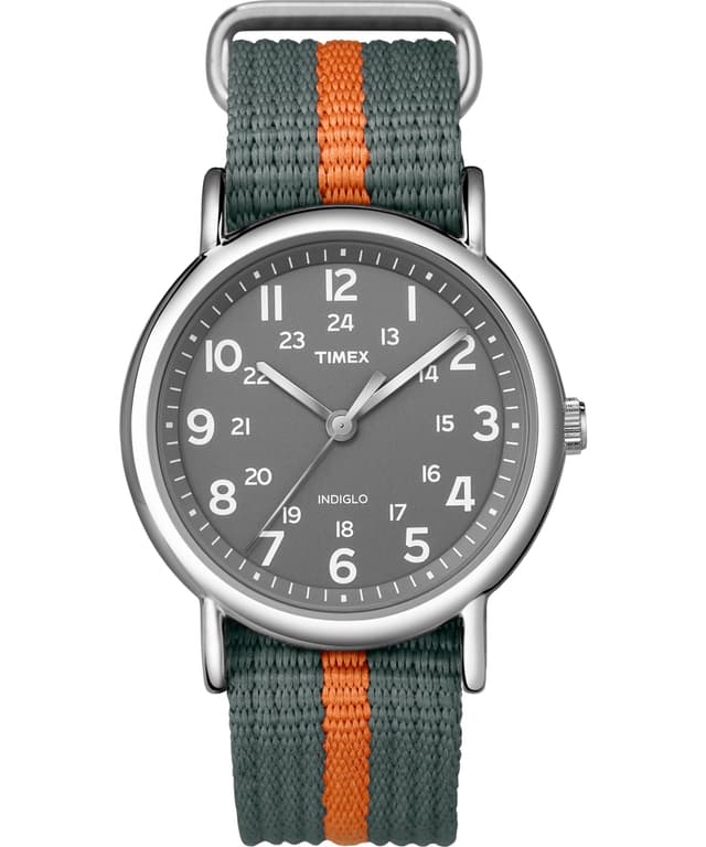 Timex Unisex Weekender 38mm Watch – Silver-Tone Case Gray Dial with Gray & Orange Fabric Slip-Thru Strap