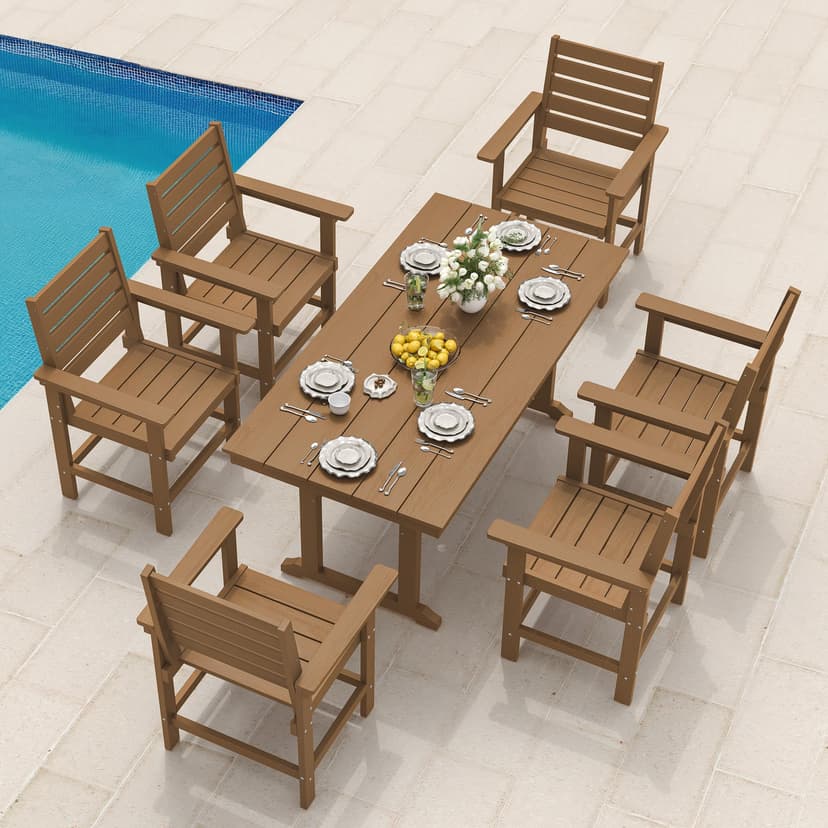 Compsia 7 Piece Outdoor Dining Set, HDPS Patio Table and Chairs Set, 66" Patio Table with 1.96" Umbrella Hole & 6 Chairs, All Weather Furniture for Garden, Backyard, Poolside (Brown)