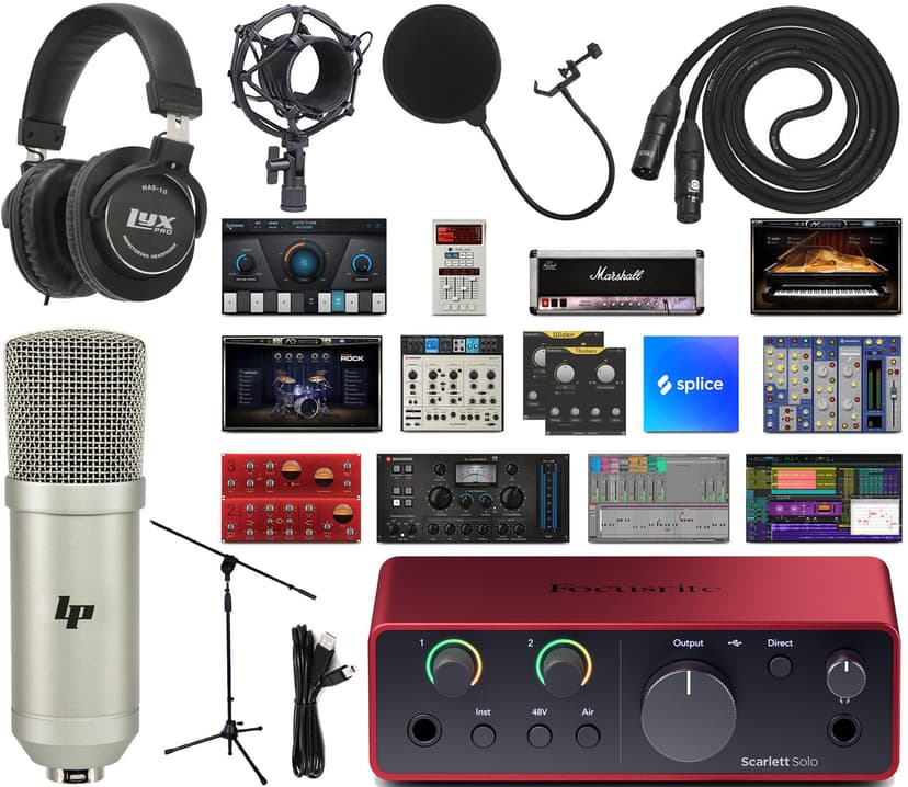 Focusrite Scarlett Solo 4th Gen 2-in/2-out USB-C Audio Interface Studio Bundle with Condenser Mic, HAS-10 Headphones, Shockmount, Stand, Pop Filter, XLR & USB Cables + Creative Production Software Kit