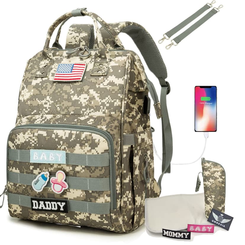 QWREOIA Diaper Bag Backpack for Dad and Mom with USB Charging Port Stroller Straps and Insulated Pocket,army military Travel Nappy Backpack for Daddy/Mommy (Camo)