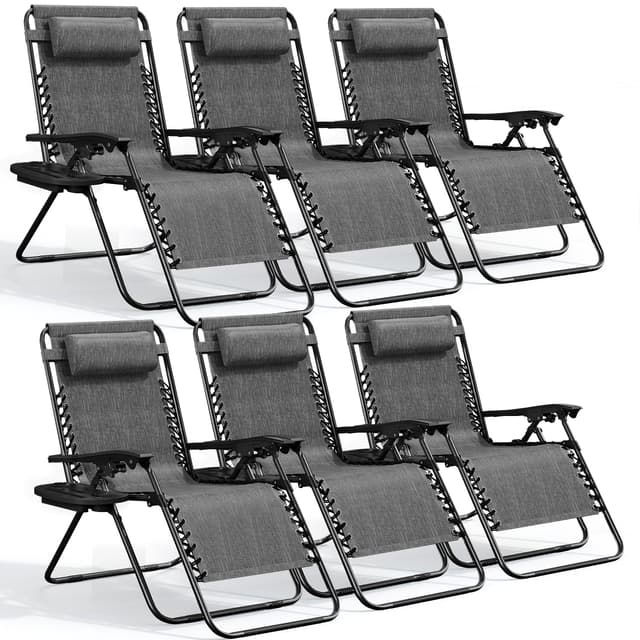 Nestl Zero Gravity Chairs Set of 6, Patio Lounge Chair Outdoor with Pillows & Cup Holder Trays, Adjustable Steel Mesh Reclining Camping Chair, Folding Patio Lawn Chair for Deck, Beach, Yard - Grey