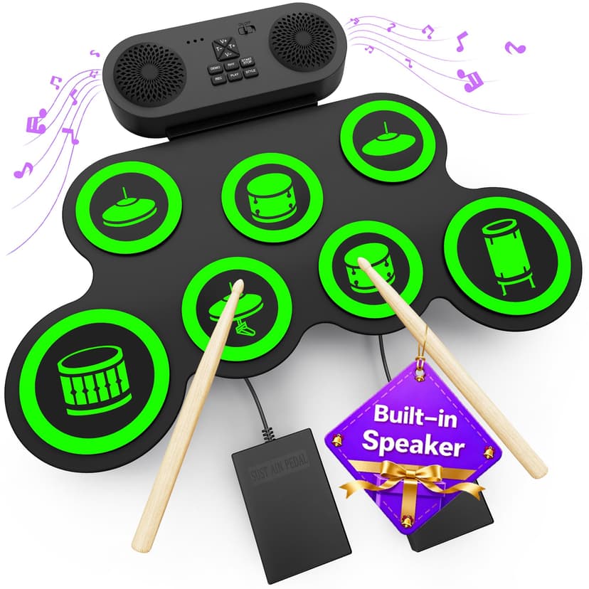 Electric Drum Set with Dual Speaker, Kids Drum Pad and Sticks Kit Supports REC, Portable Roll Up Drums Practice Pad for Kids, Great Gifts for Boys Girls