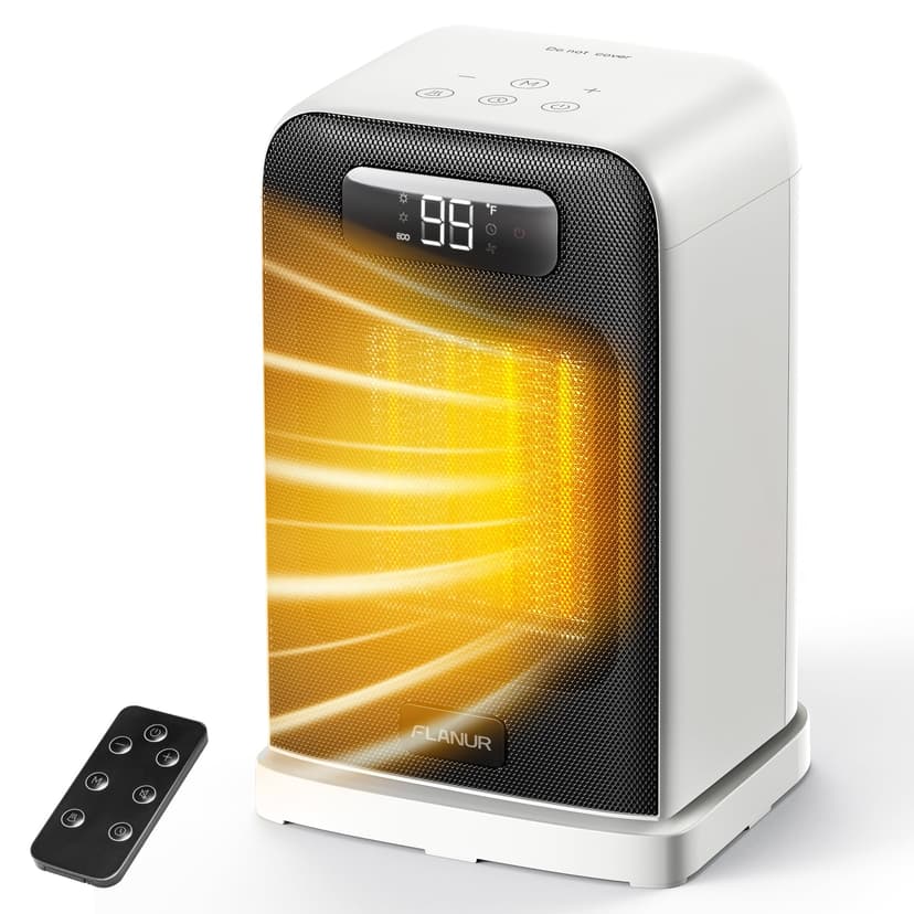 FLANUR Space Heaters for Indoor Use, 1500W Small Desk Heater 2 in 1 with Remote, Thermostat, LED Display, Overheat & Tip Over Protection, 12H Timer, 70° Oscillating Heater for Office (White, 1Pack)