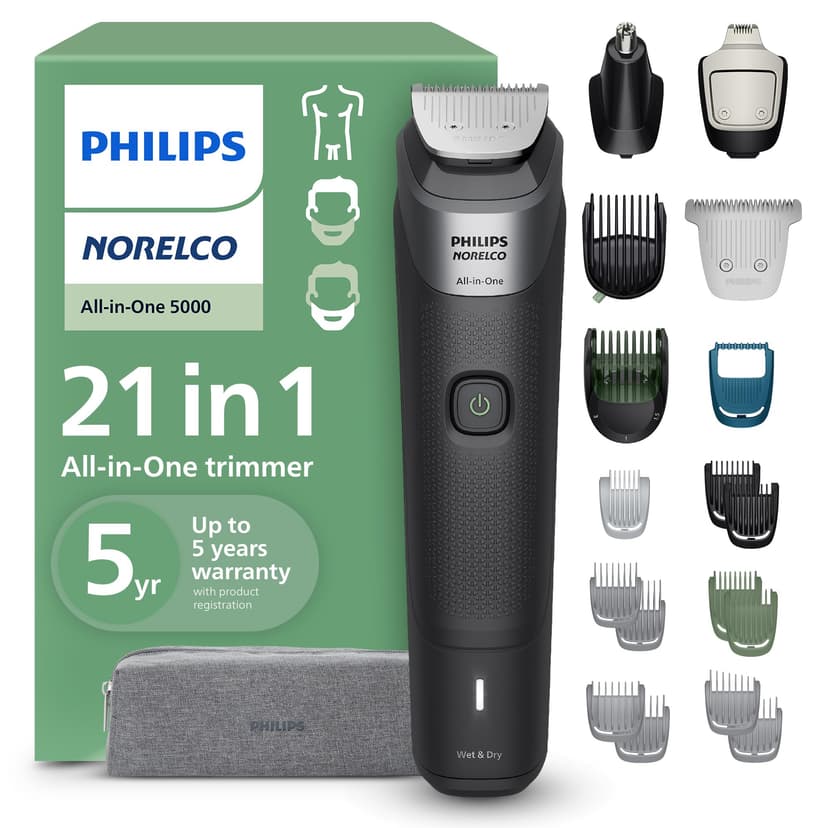 Norelco Philips All-in-One 21-Piece Trimmer 5000 Series - Electric Shaver and Clipper for Face, Beard, Hair & Body, Self-Sharpening Titanium Blades, 22 Length Settings (0.5-16 mm), MG5995/40