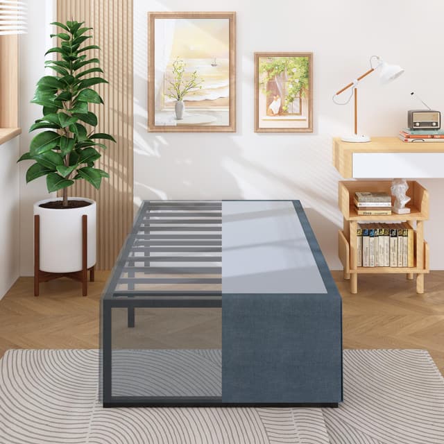 Lutown-Teen 18 Inch Twin Bed Frames with Cover Skirt, Heavy Duty Metal Twin Size Platform Bed Frame No Box Spring Needed, Noise Free, Easy Assembly, Black and Blue