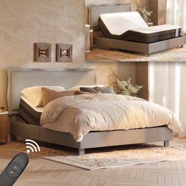 FLEXISPOT All-in-One Adjustable Bed Frame with Upholstered Flange Edge Headboard & Bamboo Mattress–Queen,Synchronized Head & Foot Lift for Relaxation–5Y Motor&10Y Frame & Mattress Warranty,Light Grey