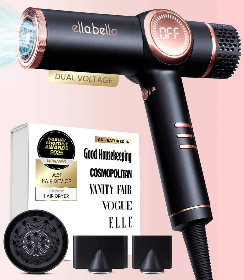 ELLA BELLA® Professional Ionic Hair Dryer with Diffuser • Dual Voltage Negative Ion Blow Dryer • Suitable All Hair Types • Intelligent Heat Control & Rapid Drying Speeds • Lightweight Design Low Noise