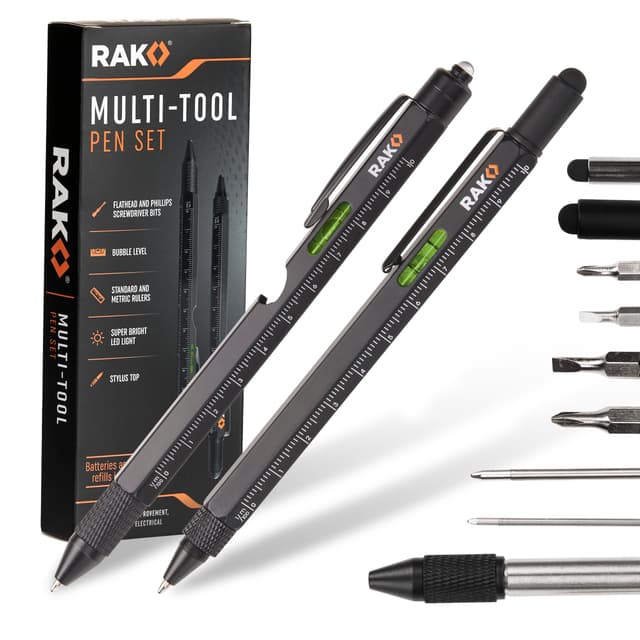 RAK Multitool Pen - Multi-Tool Pen Set 11 in 1, LED Light, Screwdrivers, Level, Ruler, Bottle Opener, and Stylus. Cool Gadgets Gifts for Men, Dad, EDC Tactical Pen Tool, Gift-Ready Box, Pack of 2