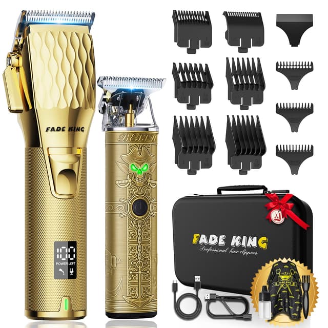 FADEKING® Professional Hair Clippers & Beard Trimmer Set for Men – Cordless Barber Clippers with LCD Display, Precision Trimmer & Travel Case – Gifts for Men Husband Father (Gold + Bronze)