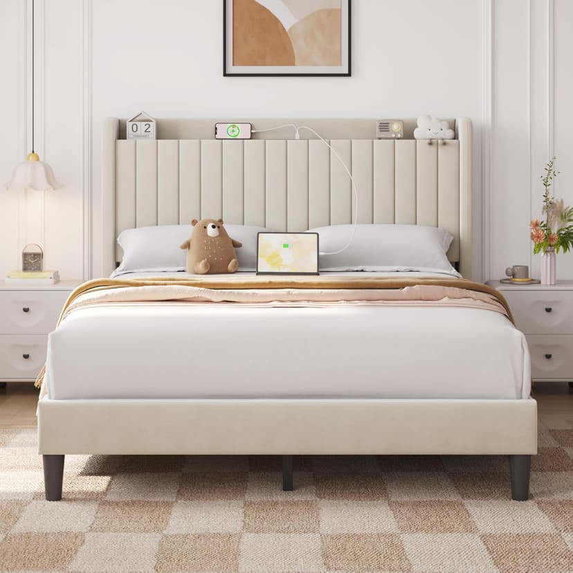 Yaheetech Queen Bed Frame with USB Charging Station and Storage Shelf/Upholstered Headboard Platform Bed with Wing Side/Wooden Slats Support/Noise Free/No Box Spring Needed/Easy Assembly, Beige