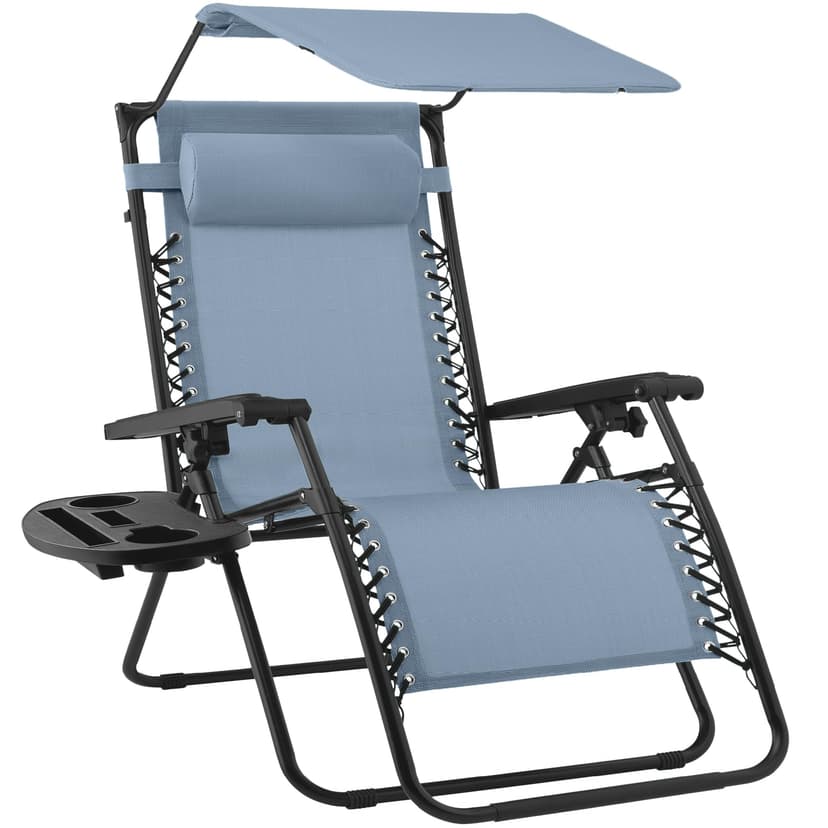 Best Choice Products Folding Zero Gravity Outdoor Recliner Patio Lounge Chair w/Adjustable Canopy Shade, Headrest, Side Accessory Tray, Textilene Mesh - Dusty Blue