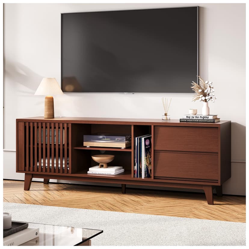 JOINCE,66" TV Stand for 60/65/75 inch tv, Mid Century Modern Entertainment Center/TV Stand and Media Console Table with Drawer and Shelf, Slatted Door TV Console for Living Room, Bedroom, Walnut