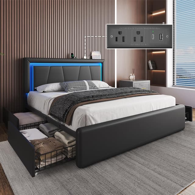 Full Size Bed Frame with 4 Storage Drawers and LED Lights, Upholstered Platform Bed with Adjustable Headboard and Charging Station, Metal Slats Support, No Box Spring Needed,Easy Assembly, Black