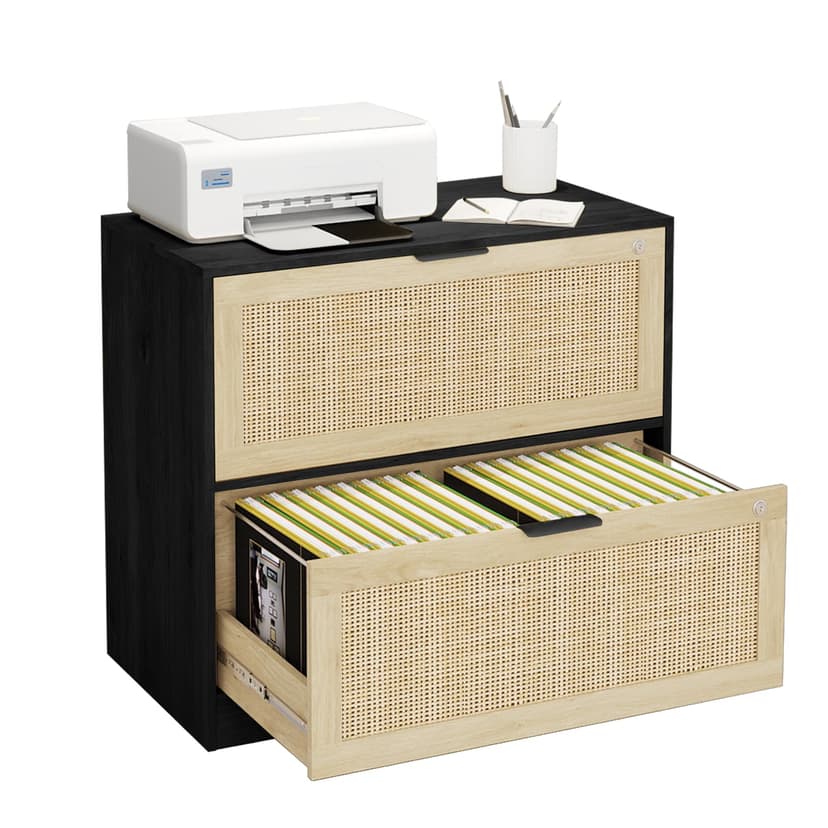 HOPUBUY 2 Drawer File Cabinet with Lock, Printer Stand Lateral Filing Cabinets for Home Office and School, Wood Rattan File Cabinet for Hanging Files/Letter/Legal/A4/F4 Size, Black