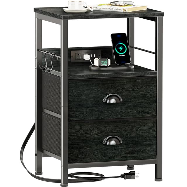 Furologee Nightstand with Charging Station, Black Night Stand with 2 Fabric Drawers, Side Table with USB Ports, End Table with Storage Shelf, for Living Room/Bedroom, Black Oak