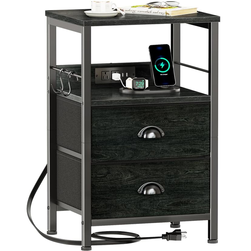 Furologee Nightstand with Charging Station, Black Night Stand with 2 Fabric Drawers, Side Table with USB Ports, End Table with Storage Shelf, for Living Room/Bedroom, Black Oak