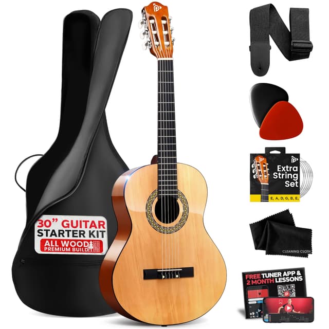 Pyle Beginner 6 String Acoustic Guitar Kit, 1/4 Junior Size Classical Instrument for Students, 30" Natural Gloss