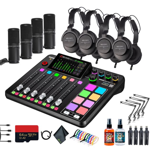 RODE RODECaster Pro II + 4x Headphones + 4x Podcast Microphone + 64GB Micro SD Memory Card + Mic Arm Stand + 2x USB-C + More (Bundle)