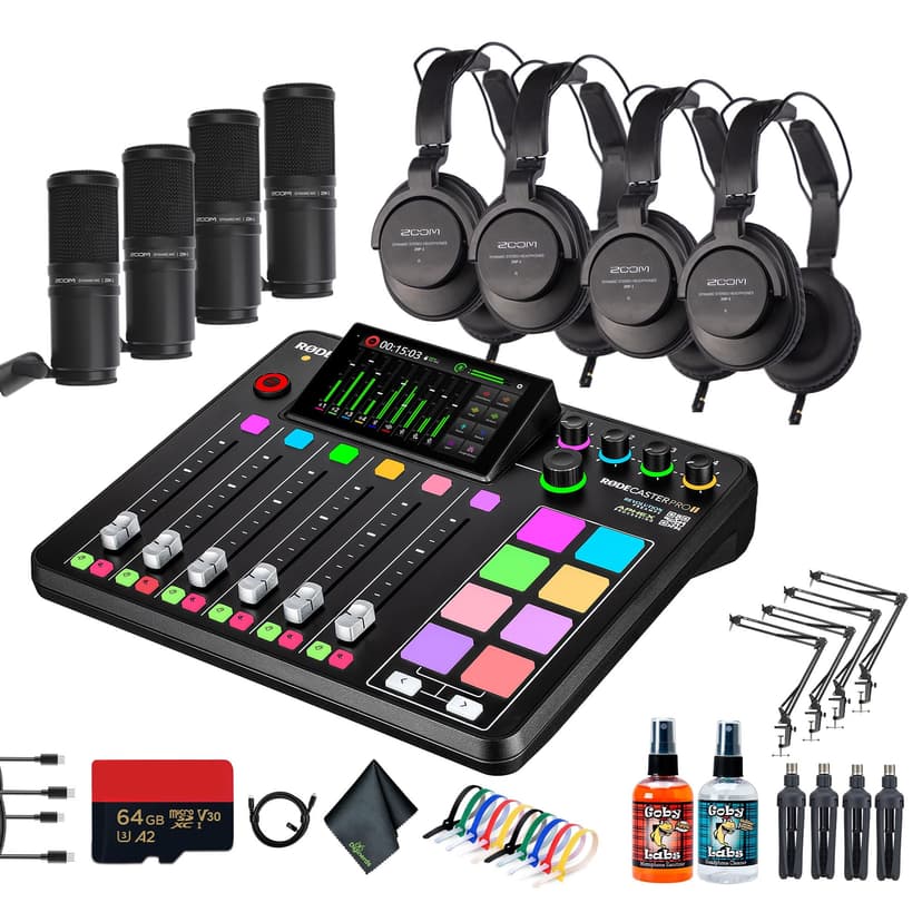 RODE RODECaster Pro II + 4x Headphones + 4x Podcast Microphone + 64GB Micro SD Memory Card + Mic Arm Stand + 2x USB-C + More (Bundle)