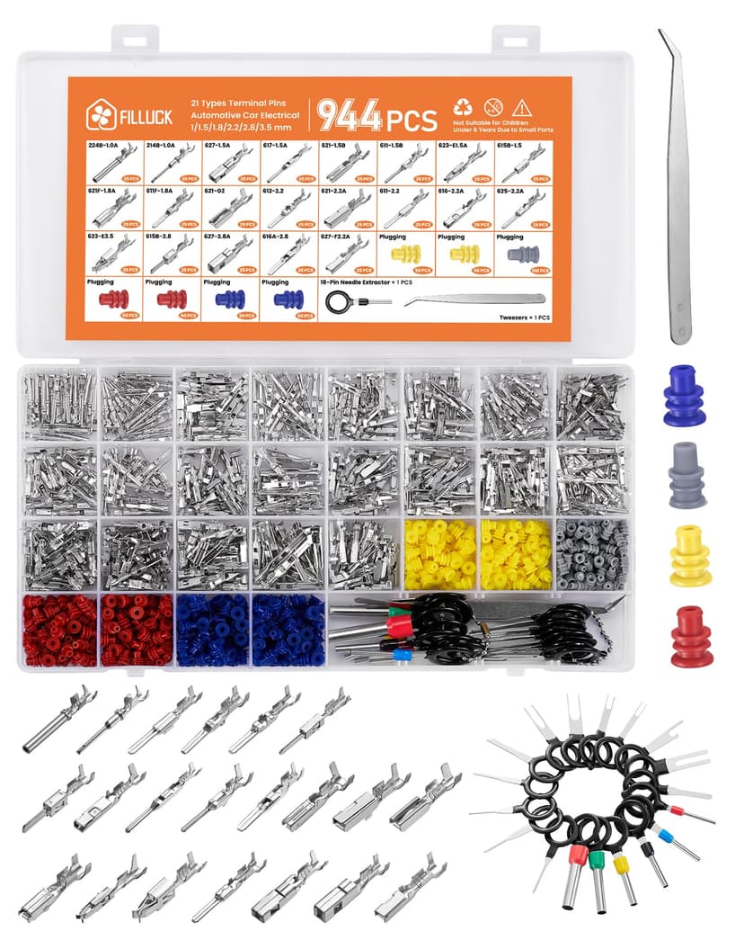 Filluck 944Pcs Pin Connector Kit,Car Electrical Wire Connectors Terminal Pins,21Type Non-Insulated Plug 1/1.5/1.8/2.2/2.8/3.5mm,Removal Male Female Crimp Pins,Large Quantity&Easy Store