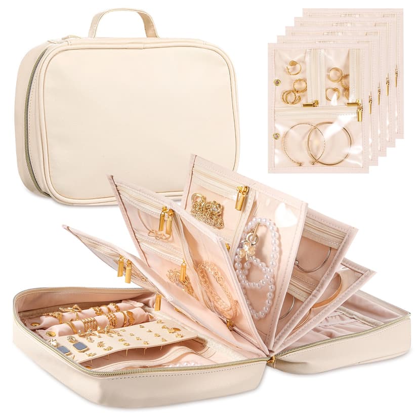 Travel Jewelry Organizer - Imitation Leather Travel Jewelry Case with Adjustable Pages, Jewelry Bag for Earrings,Rings,Necklaces,Bracelets-Perfect,Waterproof, Ideal for Trips & Gifts (Off-white)