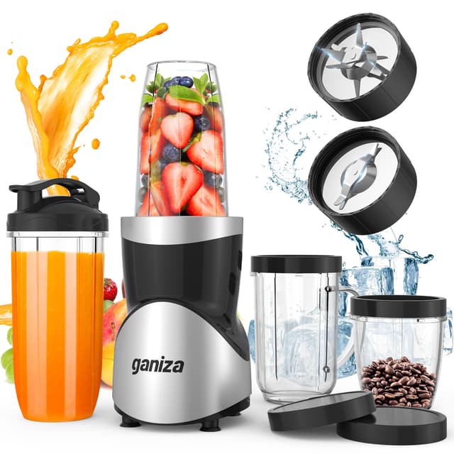 Ganiza Smoothie Blender, 900W Blenders for Shakes and Smoothies, 15-Piece Personal Blender and Grinder Combo for Kitchen, Smoothies Maker with 4 BPA-Free Portable Cup, Nutritious Recipe