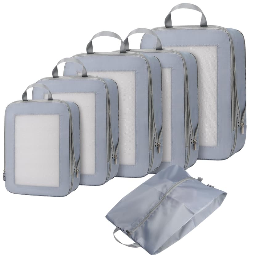 HDKJDPG Ultralight Compression Packing Cubes for Suitcases Carry on，Compressible Mesh Packing Cubes for Travel Women Travel Essentials with Shoe Bag 6 Set (Grey)