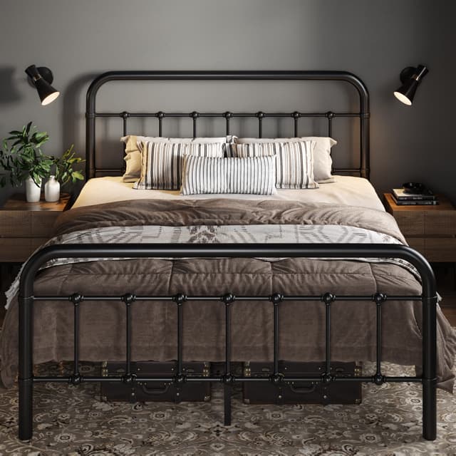 Allewie Full Size Metal Platform Bed Frame with Victorian Style Wrought Iron-Art Headboard/Footboard, No Box Spring Required, Black