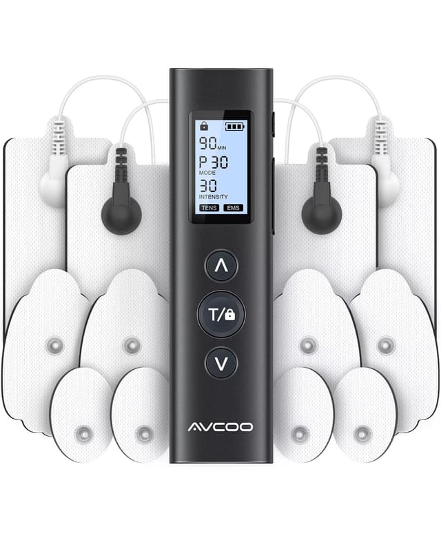 AVCOO 30 Modes TENS EMS Unit Compact Muscle Stimulator for Pain Relief of Back, Shoulder, Neck, Rechargeable & Portable Dual Channel EMS Muscle Stimulator with 30 Intensity Levels, 12 Electrode Pads