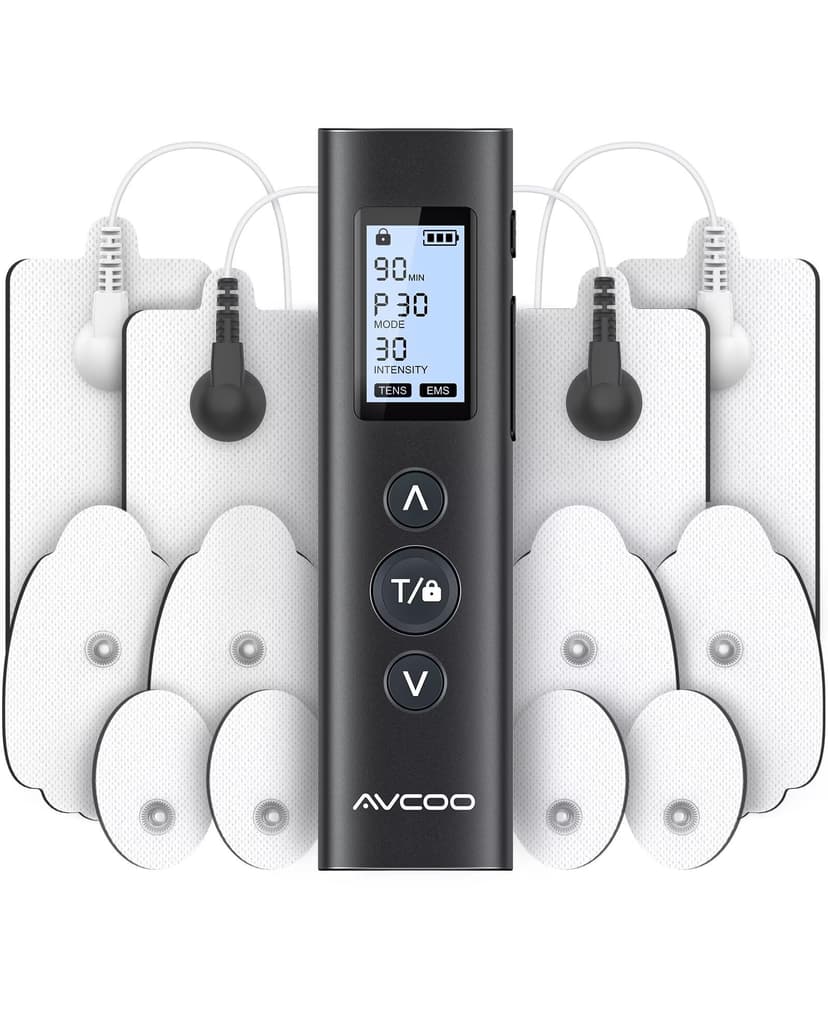 AVCOO 30 Modes TENS EMS Unit Compact Muscle Stimulator for Pain Relief of Back, Shoulder, Neck, Rechargeable & Portable Dual Channel EMS Muscle Stimulator with 30 Intensity Levels, 12 Electrode Pads
