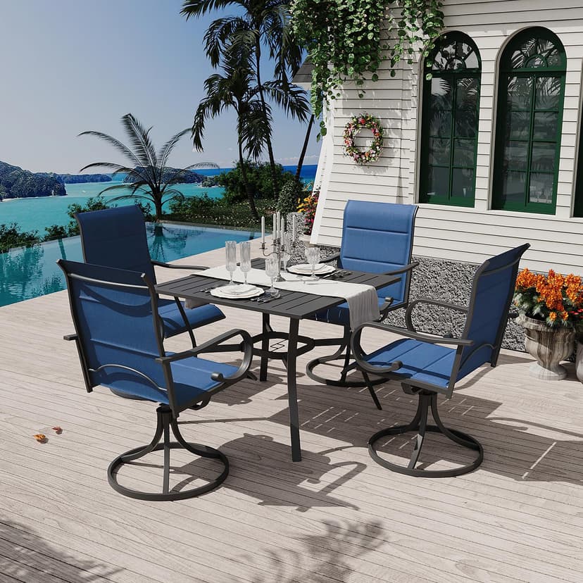 MELLCOM 5 Pieces Outdoor Dining Set, 4 Swivel Rocker Chairs with High Back Textilene & Square Metal Dining Table with Umbrella Hole, Patio Furniture Set for Porch, Garden, Backyard, Deck, Blue