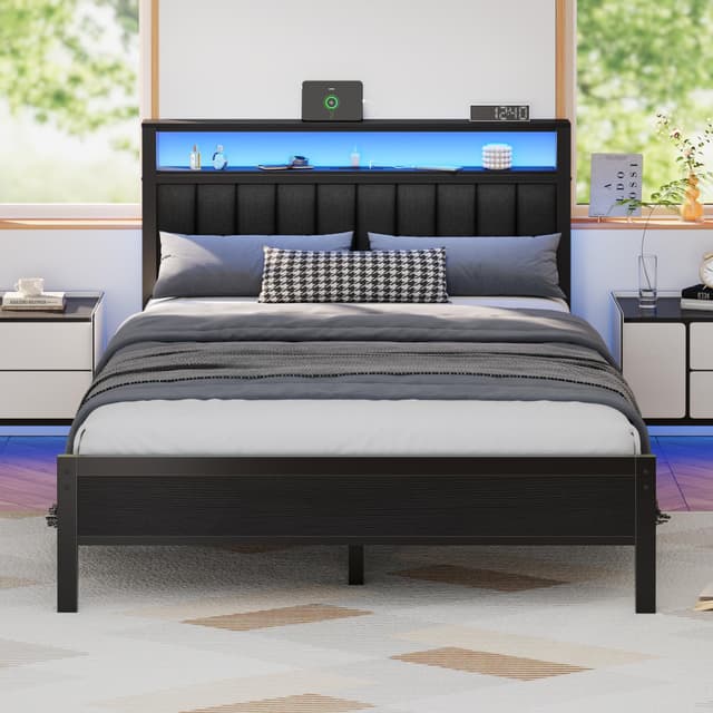 Furnulem Queen Size Bed Frame with Charging Station and LED Lights, Platform Bed with Metal Slats, Grey Upholstered Headboard with 2-Tier Storage Shelves, No Box Spring Needed
